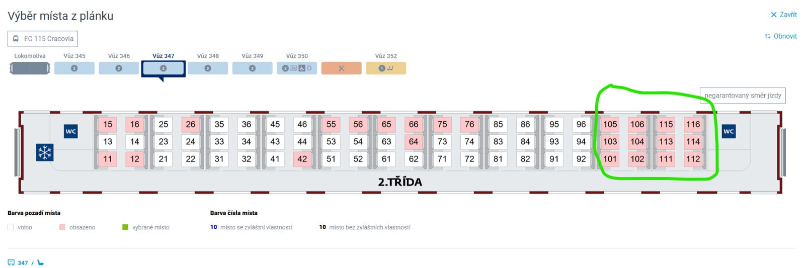 Místenky EC 115 Cracovia, vůz 347, vyznačená místa 101 až 116.