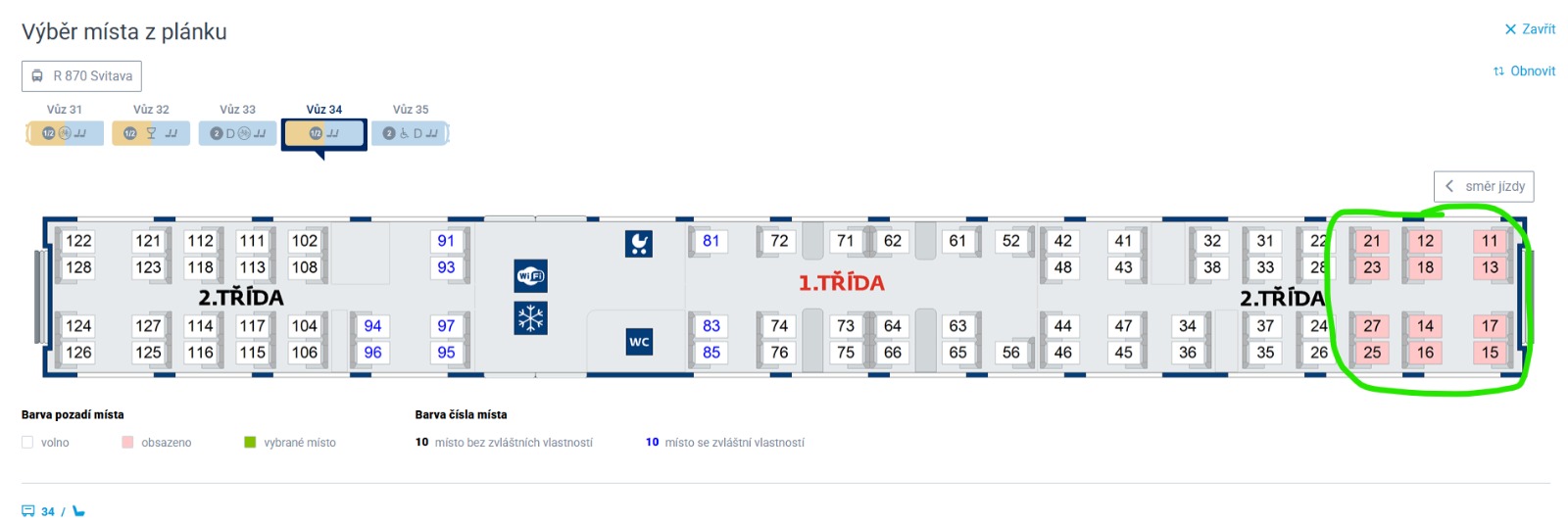 Místenky R 810 Svitava, vůz 34, vyznačená místa 11 až 28.
